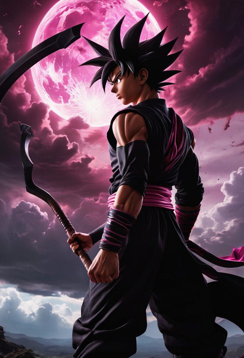 A dramatic scene featuring Goku Black, with his signature black and pink attire, wielding a glowing scythe. The background showcases a tumultuous sky filled with dark clouds and bursts of energy, symbolizing chaos. Incorporate silhouettes of iconic Dragon Ball characters observing from a distance, emphasizing his impact. Use deep shadows and sharp contrasts to enhance the dark theme of the image. super-realistic. vibrant colors. cinematic atmosphere.