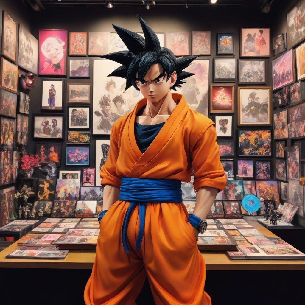 A vibrant art gallery showcasing various collectibles inspired by Goku Black, with walls adorned by dynamic illustrations of his character. In the foreground, anime fans enthusiastically discuss their favorite collectibles, surrounded by figures, posters, and rare items. The atmosphere is lively and colorful, capturing the essence of the otaku culture. Sharp contrasts and dramatic lighting highlight the characters and their nuances. super-realistic. vibrant colors. anime-inspired.